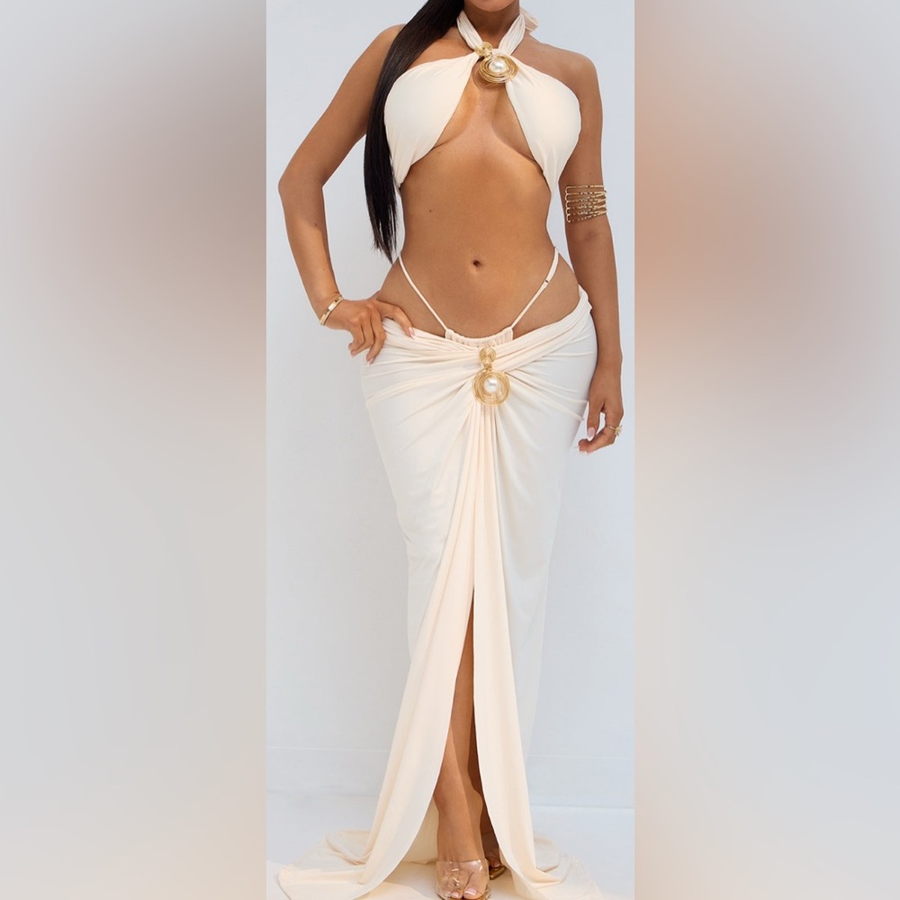 Elegant Cream Wrap Dress with Gold Accent